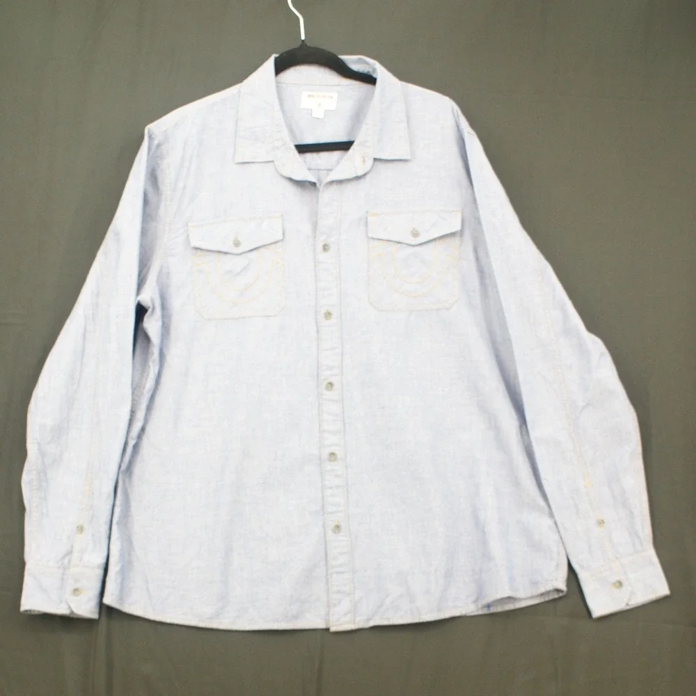 True Religion Mens 2XL Blue Chambray Long Sleeve Horseshoe Button Down Shirt